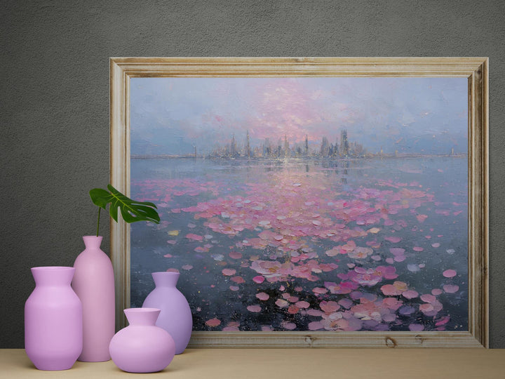 Dreamy pastel cityscape with pink petals floating on reflective water.