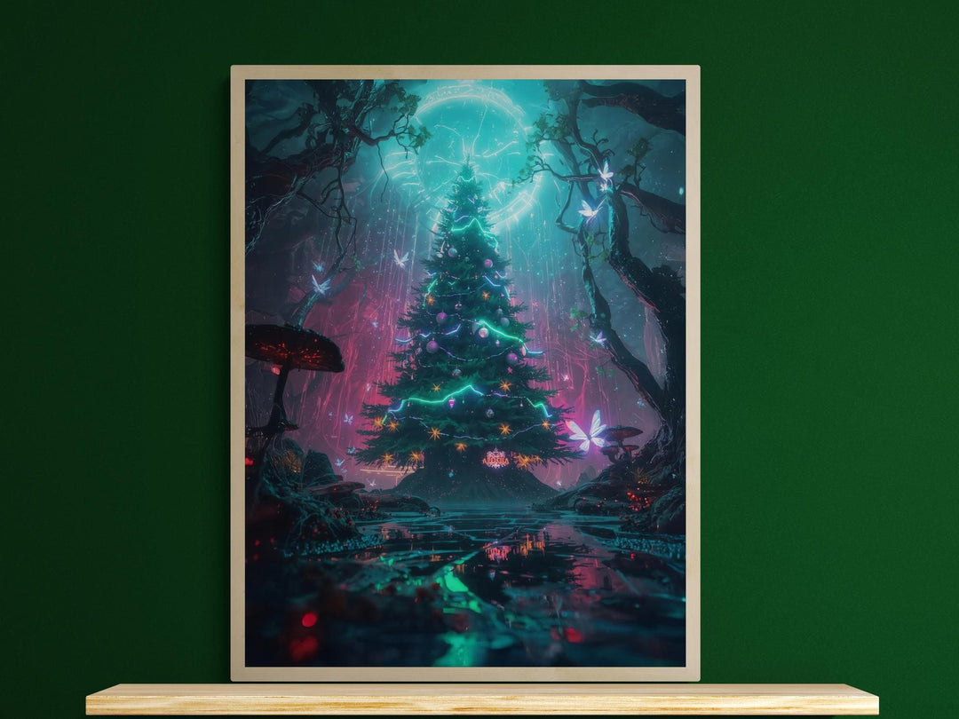 Ethereal fantasy wall art featuring a glowing Christmas tree under a celestial moon halo, surrounded by fairies, neon lights, and enchanted forest elements — a magical holiday artwork for dreamers and collectors.