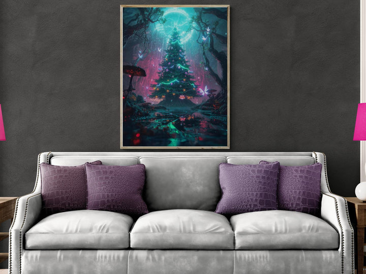 A surreal fantasy wall art piece showing a luminous Christmas tree surrounded by glowing fairies in a mystical forest.