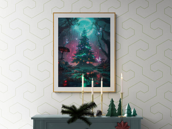 Ethereal fantasy wall art featuring a glowing Christmas tree under a celestial moon halo, surrounded by fairies, neon lights, and enchanted forest elements — a magical holiday artwork for dreamers and collectors.