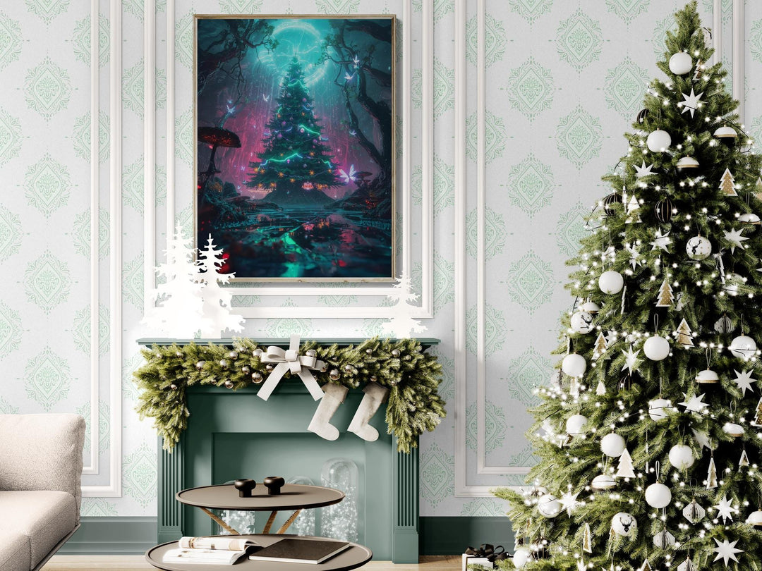 Enchanted fantasy Christmas tree glowing in a forest with fairies.