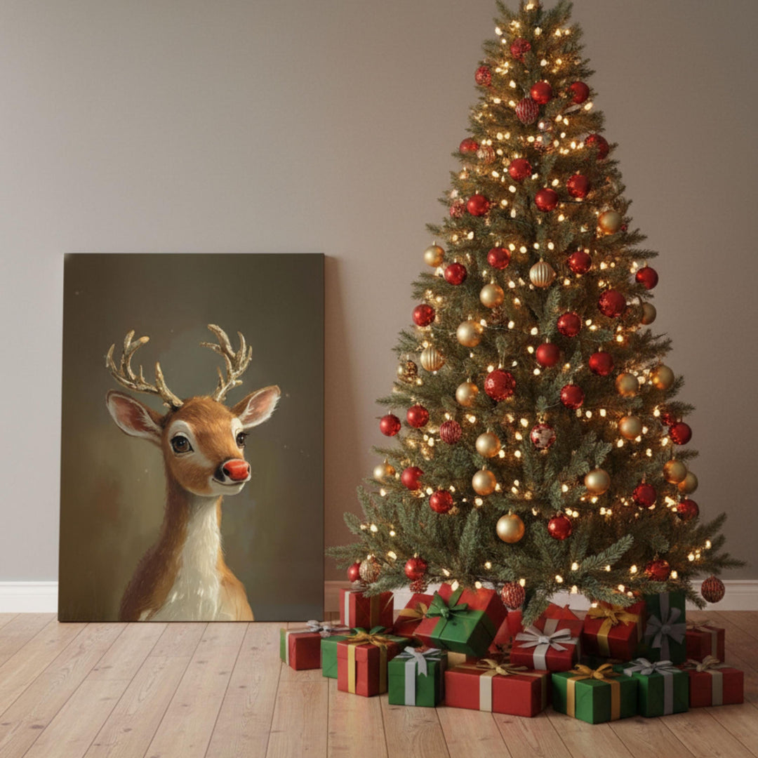 Whimsical digital illustration of a red-nosed reindeer with metallic golden antlers, bathed in warm winter light — perfect for cozy Christmas décor or fantasy wall art collections.