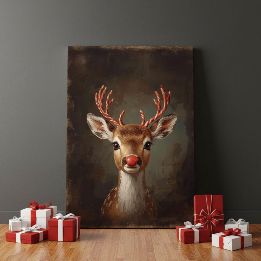 Fantasy Christmas artwork of a red-nosed reindeer with candy cane antlers, painted in warm holiday tones — perfect for cozy seasonal décor and imaginative wall art.