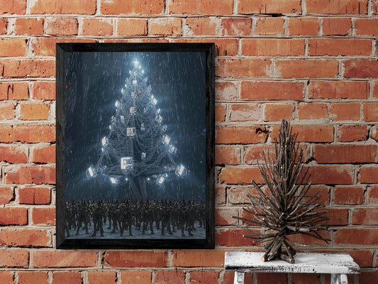 Cyberpunk Christmas tree made of wires with soldiers below in rain.