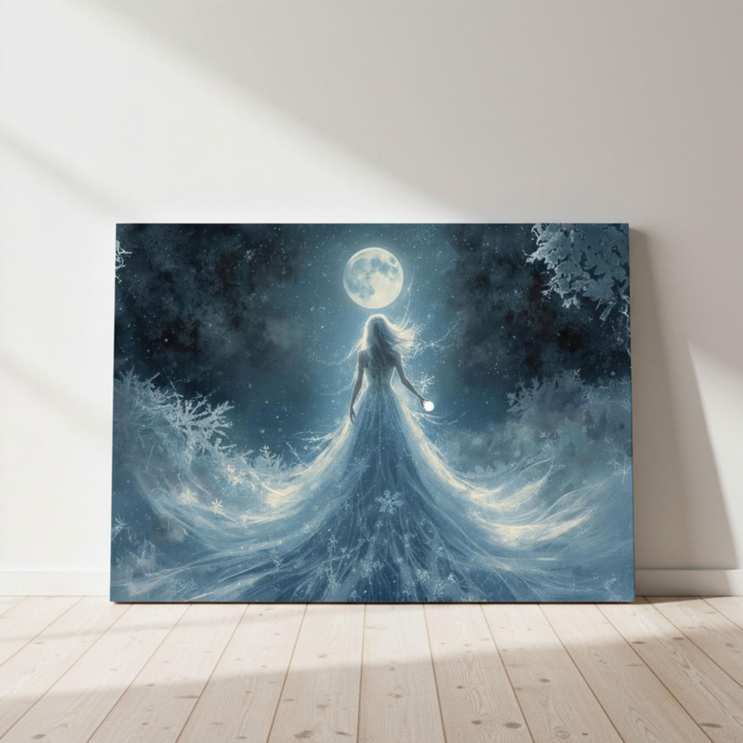 Dreamlike fantasy art of a winter moon goddess standing beneath the full moon, her flowing gown made of ice and starlight surrounded by snowflakes and frost.