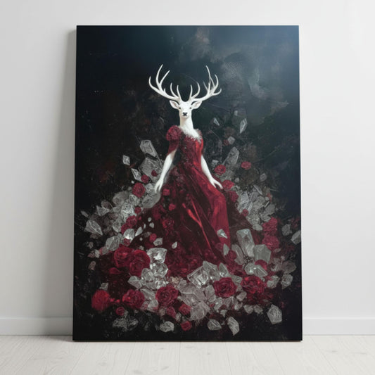 Mythic Stag Wall Art Print : Deer Woman of Crimson Roses | Surreal Animal Art