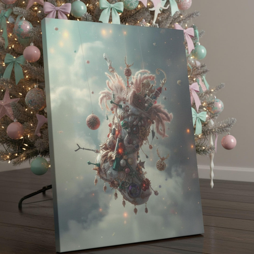 Surreal fantasy artwork of an ornamented Christmas stocking drifting in a glowing sky.