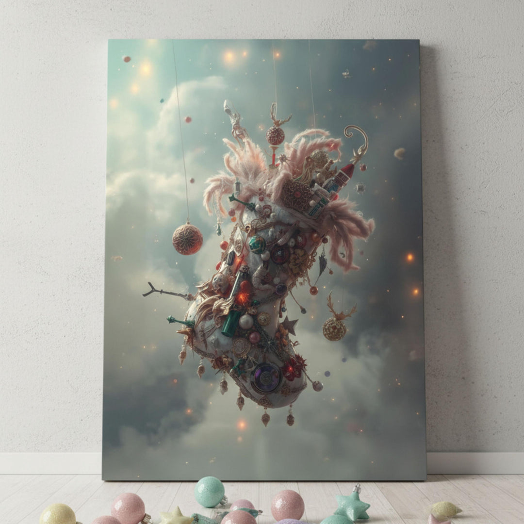Dreamy celestial Christmas stocking floating in clouds.