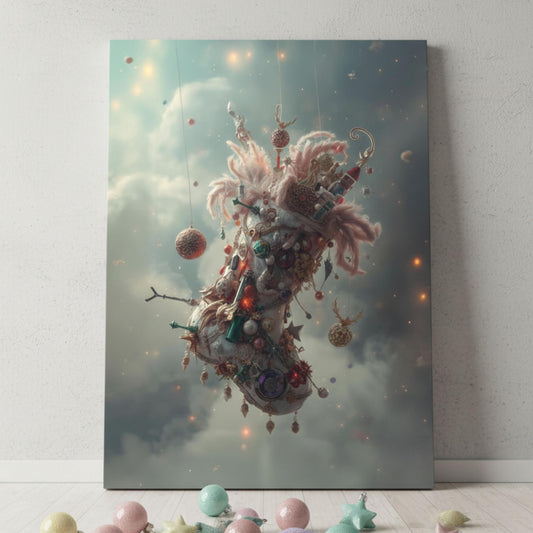 Dreamy celestial Christmas stocking floating in clouds.