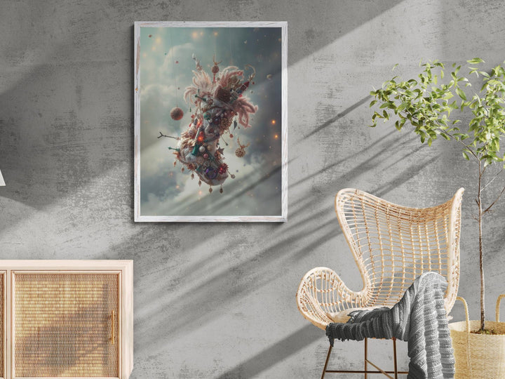 Surreal fantasy artwork of an ornamented Christmas stocking drifting in a glowing sky.