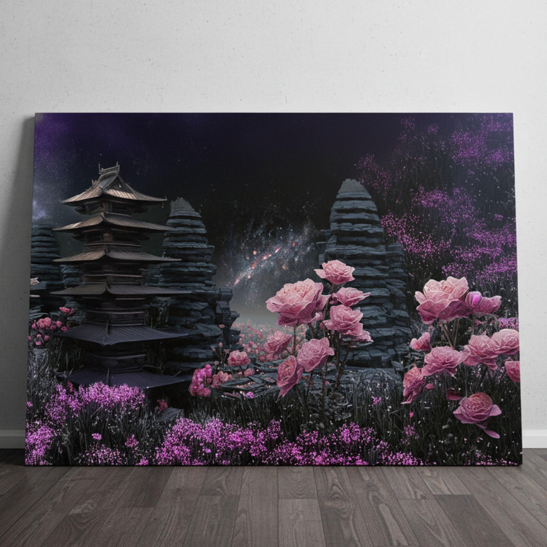 Mystical rose garden with pagoda temples and galaxy background, surreal fantasy wall art.