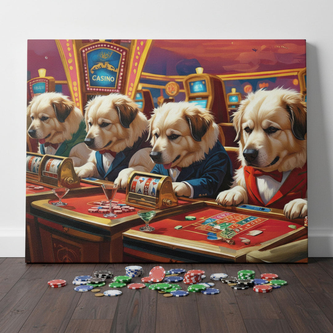 Vibrant fantasy wall art depicting dogs in elegant suits and bow ties playing casino games under warm lights — a humorous, richly detailed piece perfect for dog lovers or game rooms.