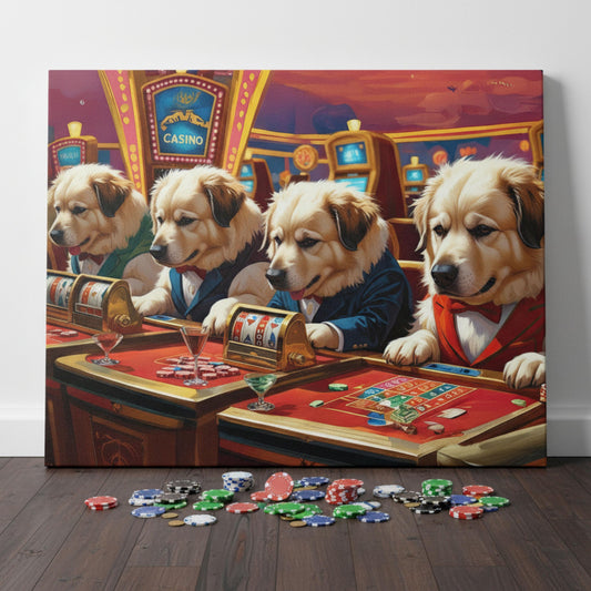 Vibrant fantasy wall art depicting dogs in elegant suits and bow ties playing casino games under warm lights — a humorous, richly detailed piece perfect for dog lovers or game rooms.