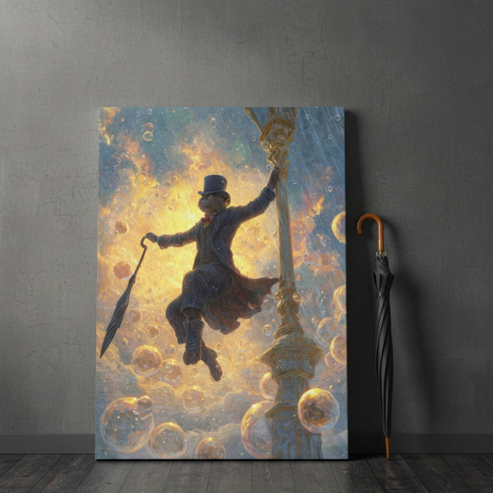 Whimsical Cat Art Print: Surreal Fantasy with Top Hat & Umbrella