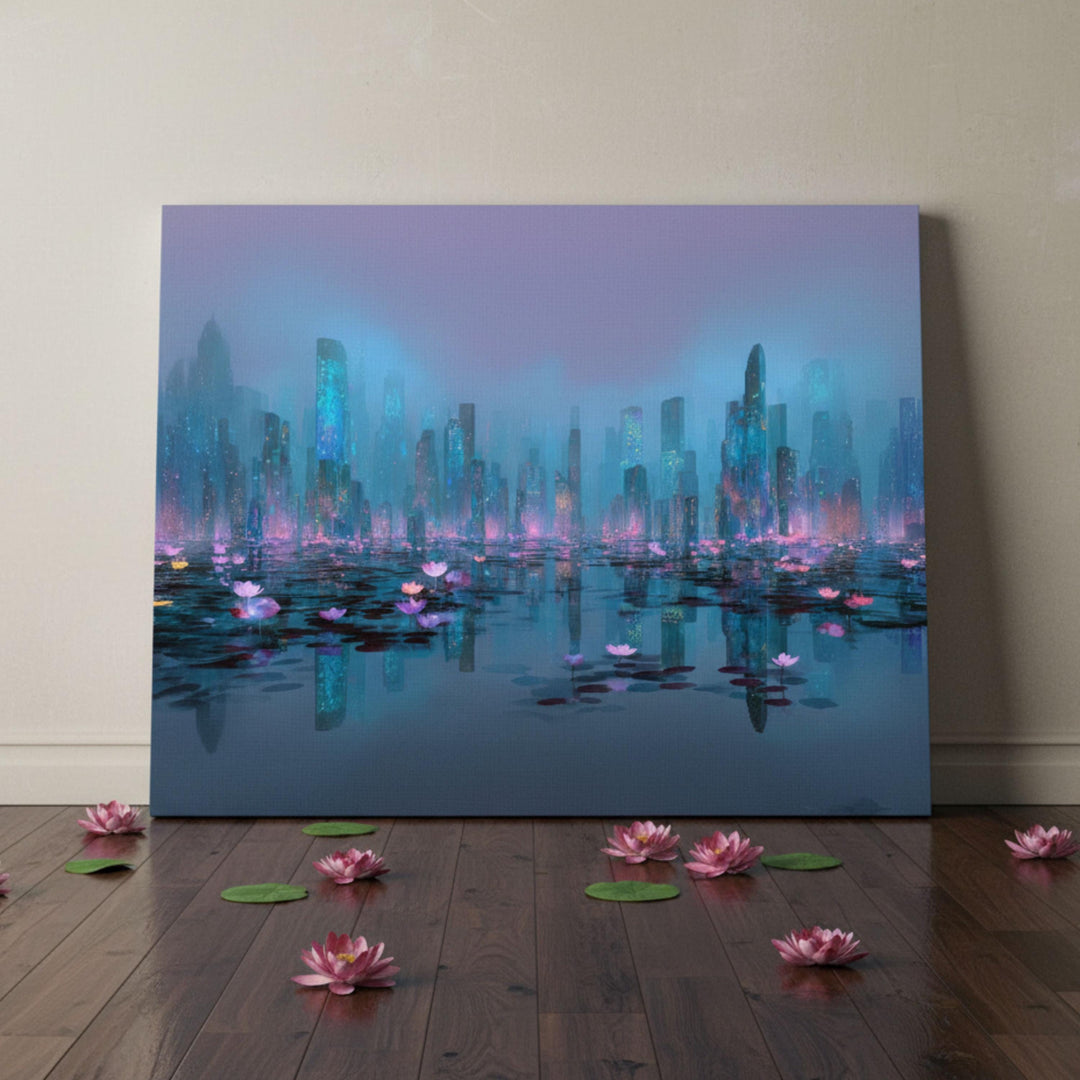Futuristic city reflected on a lake of glowing water lilies.