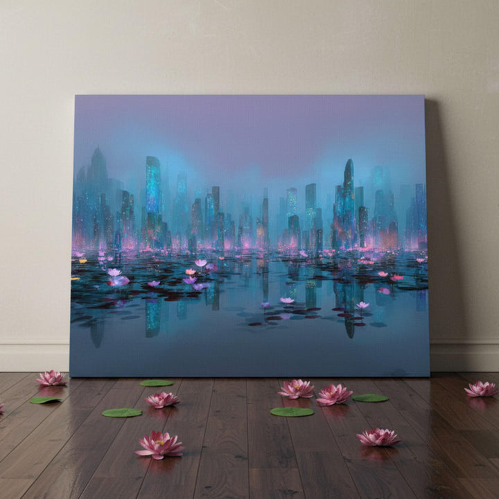 Futuristic city reflected on a lake of glowing water lilies.