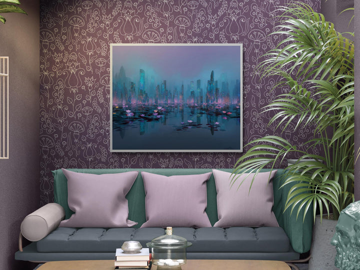 Surreal fantasy artwork featuring glowing skyscrapers and luminous water lilies floating in tranquil mist.
