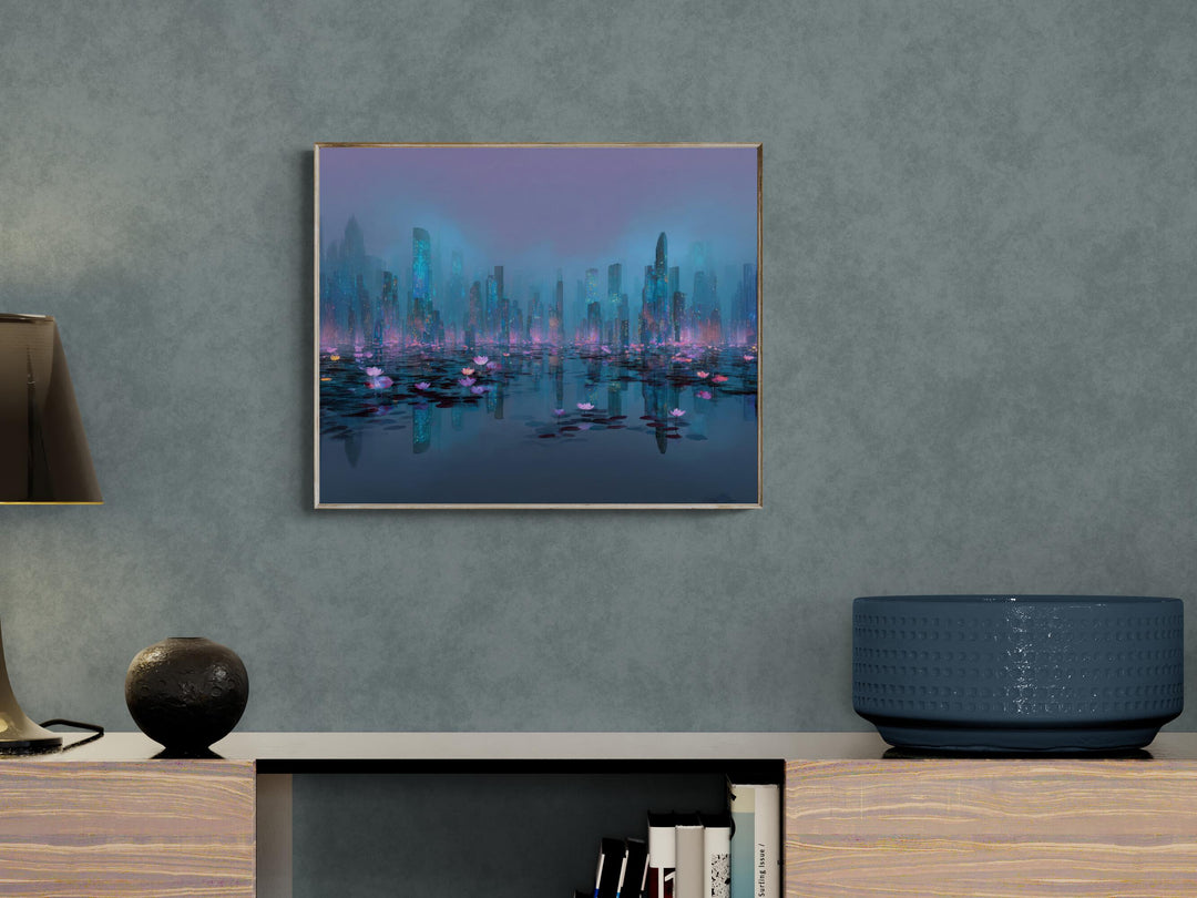 Ethereal digital fantasy art depicting a futuristic cityscape rising from calm reflective waters filled with glowing lotus flowers under a misty violet sky — perfect for modern, dreamlike, or surreal home decor.
