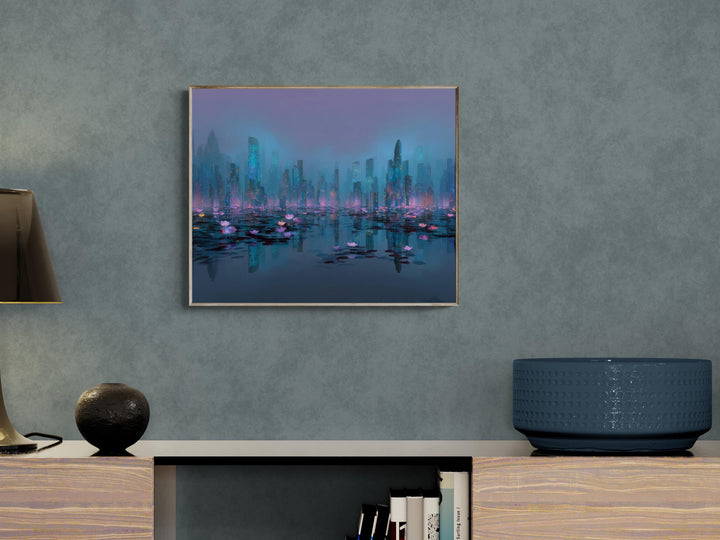 Ethereal digital fantasy art depicting a futuristic cityscape rising from calm reflective waters filled with glowing lotus flowers under a misty violet sky — perfect for modern, dreamlike, or surreal home decor.