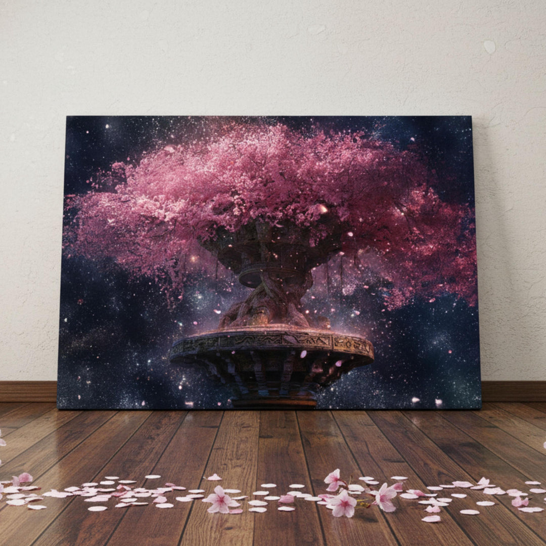 Surreal fantasy artwork of a glowing pink cherry blossom tree rising from an ornate pedestal in outer space — petals drifting through a galaxy of stars, blending nature’s beauty with celestial wonder.