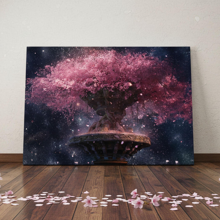 Surreal fantasy artwork of a glowing pink cherry blossom tree rising from an ornate pedestal in outer space — petals drifting through a galaxy of stars, blending nature’s beauty with celestial wonder.