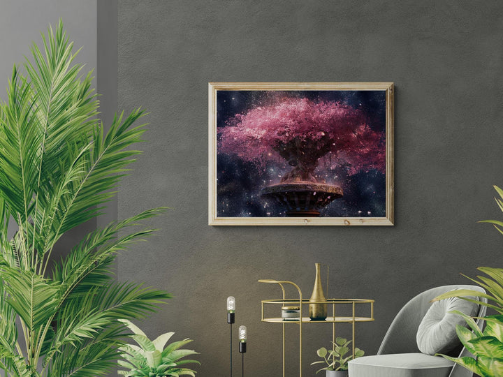 Surreal fantasy artwork of a glowing pink cherry blossom tree rising from an ornate pedestal in outer space — petals drifting through a galaxy of stars, blending nature’s beauty with celestial wonder.
