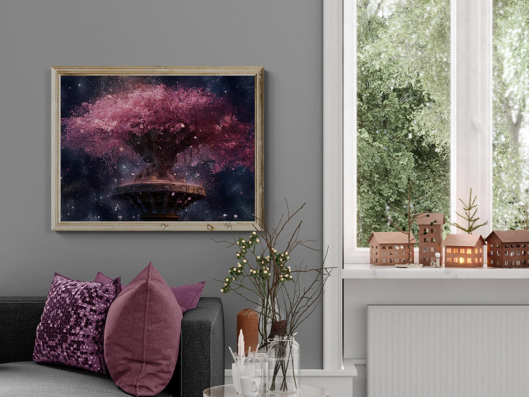 A radiant cherry blossom tree with pink petals floating amid a starry cosmic background.
