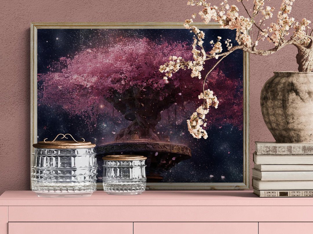 A radiant cherry blossom tree with pink petals floating amid a starry cosmic background.