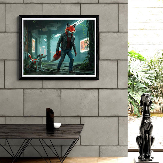 Dreamcore wall art of an anthropomorphic fox with a robot dog companion exploring an abandoned shopping mall. This surreal poster print captures eerie, empty storefronts, echoing tile corridors, and a haunting stillness where nature and machine meet. Perfect for fans of dreamcore, liminal space, and surreal artwork. Available in 16x20, 18x24, and 24x36 inches.