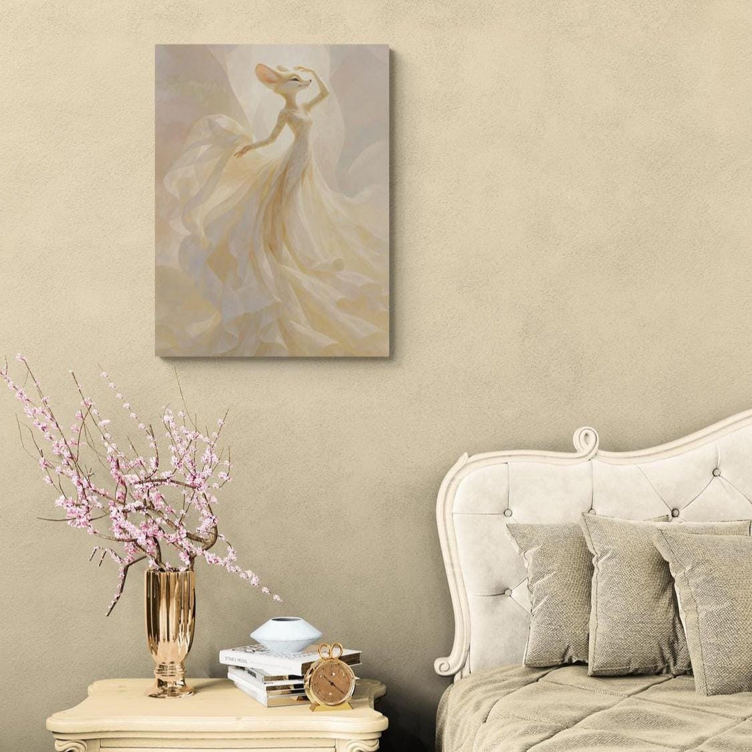 Canvas wall art print of a whimsical fox dancing in a flowing pink and peach dress, swirling with soft movement and grace. This fantasy animal artwork adds magical décor and playful elegance to any space. Gallery-wrapped and ready to hang, available in 16x20, 18x24, and 24x36 inches.