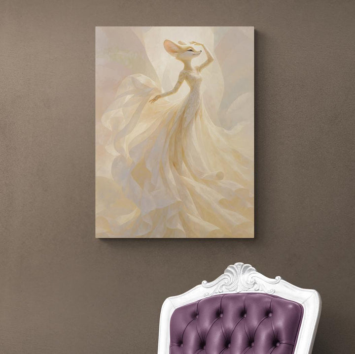 Canvas wall art print of a whimsical fox dancing in a flowing pink and peach dress, swirling with soft movement and grace. This fantasy animal artwork adds magical décor and playful elegance to any space. Gallery-wrapped and ready to hang, available in 16x20, 18x24, and 24x36 inches.