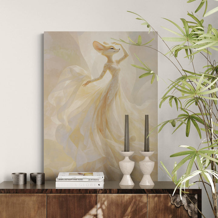 Canvas wall art print of a whimsical fox dancing in a flowing pink and peach dress, swirling with soft movement and grace. This fantasy animal artwork adds magical décor and playful elegance to any space. Gallery-wrapped and ready to hang, available in 16x20, 18x24, and 24x36 inches.