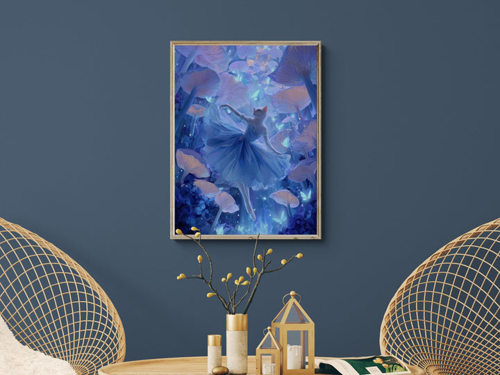 Ethereal fantasy artwork showing a graceful white cat in a blue dress dancing in a glowing mushroom forest surrounded by blue butterflies.