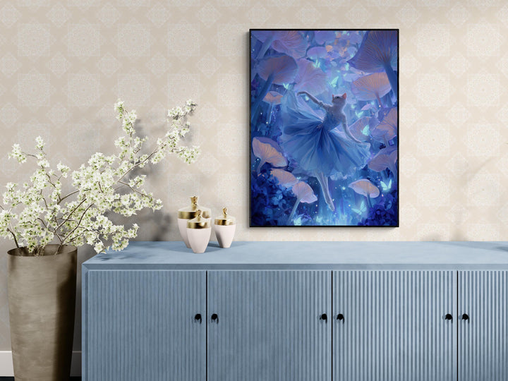 Fantasy canvas wall art featuring a white cat ballerina in a flowing blue gown dancing gracefully among giant glowing mushrooms and luminous butterflies in a mystical forest — a dreamlike piece for fans of surreal feline art and whimsical décor.