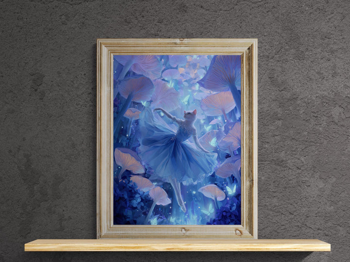 Fantasy wall art of a white cat ballerina dancing among glowing mushrooms and butterflies.