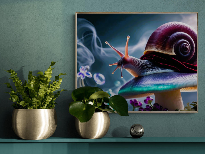 Fantasy wall art depicting a snail wearing a deep red velvet cloak resting on a radiant mushroom, surrounded by mist, glassy gems, and glowing colors — a surreal dreamcore piece perfect for fantasy and cottagecore home décor.