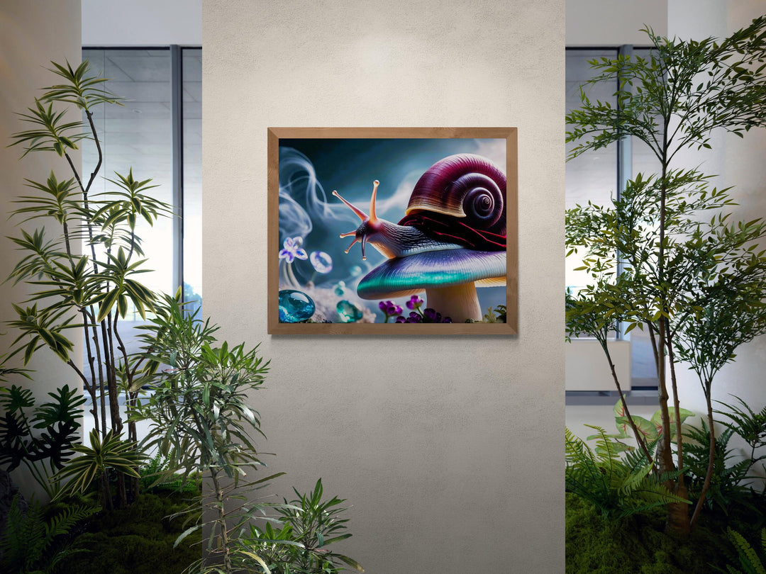 Whimsical fantasy artwork showing a colorful snail draped in velvet, perched on a glowing mushroom surrounded by shining gems and vapor.