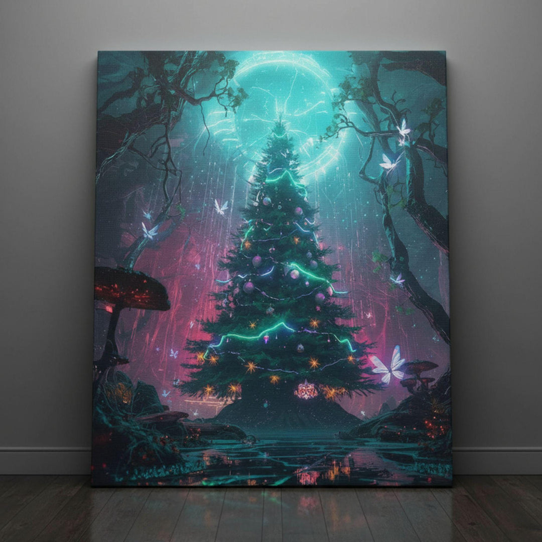Ethereal fantasy wall art featuring a glowing Christmas tree under a celestial moon halo, surrounded by fairies, neon lights, and enchanted forest elements — a magical holiday artwork for dreamers and collectors.