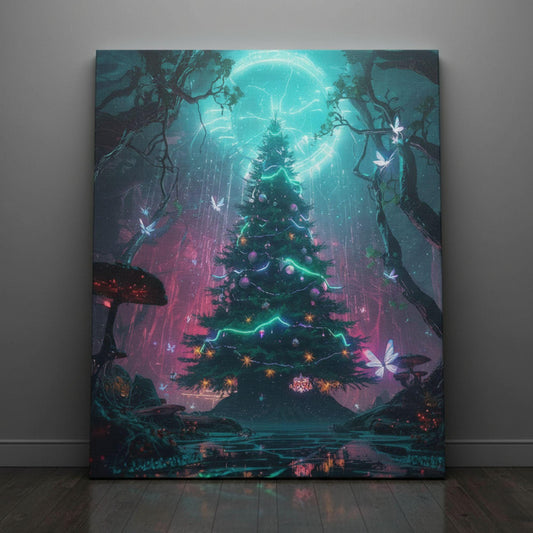 Ethereal fantasy wall art featuring a glowing Christmas tree under a celestial moon halo, surrounded by fairies, neon lights, and enchanted forest elements — a magical holiday artwork for dreamers and collectors.