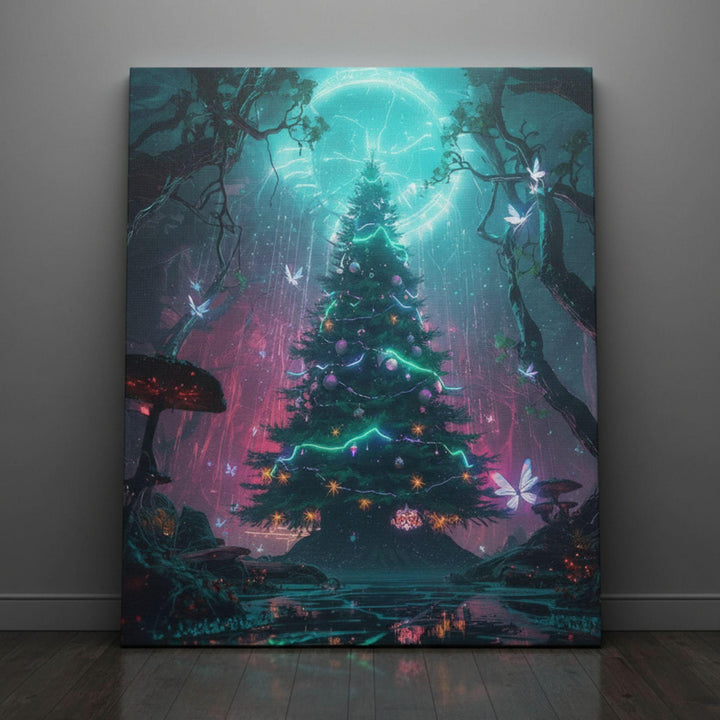 Ethereal fantasy wall art featuring a glowing Christmas tree under a celestial moon halo, surrounded by fairies, neon lights, and enchanted forest elements — a magical holiday artwork for dreamers and collectors.