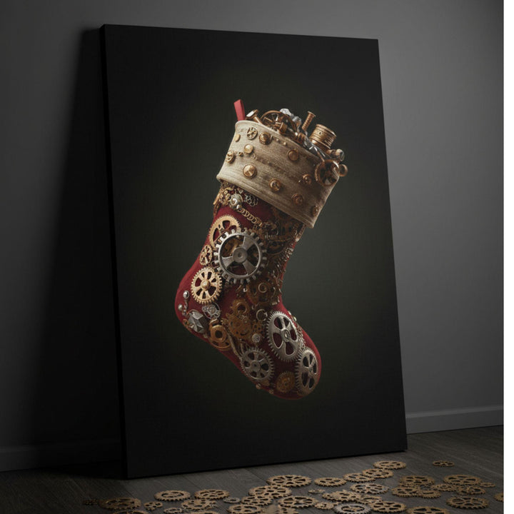 A steampunk-inspired Christmas stocking composed of intricate brass gears, screws, and cogs on a red base, photographed dramatically against a dark backdrop — a perfect fantasy holiday wall art print