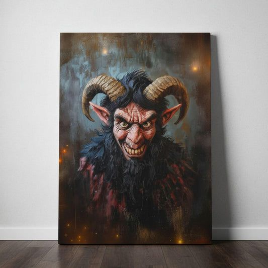 Hyper-detailed gothic portrait of Krampus the Christmas demon, featuring twisted horns, fiery eyes, and painterly brushwork — ideal for horror or fantasy art lovers.