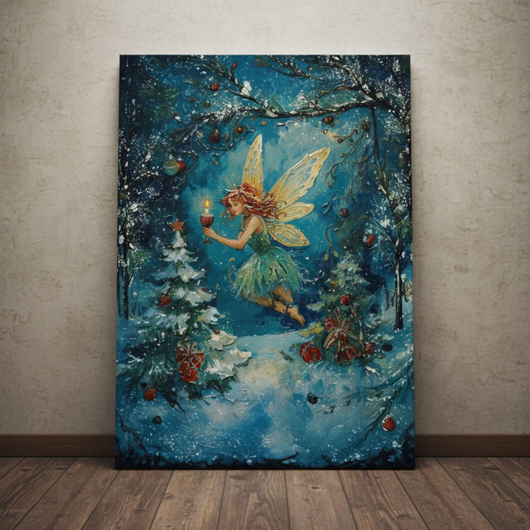 Enchanted winter scene of a fairy holding a glowing candle as she floats through a snowy forest decorated with ornaments and Christmas gifts, blending fantasy and holiday magic.