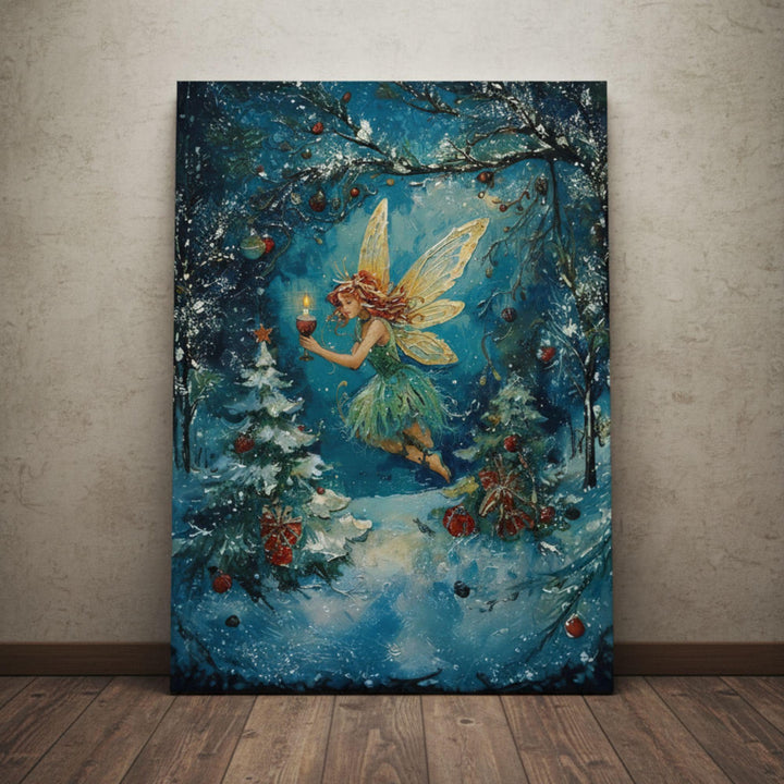 Enchanted winter scene of a fairy holding a glowing candle as she floats through a snowy forest decorated with ornaments and Christmas gifts, blending fantasy and holiday magic.