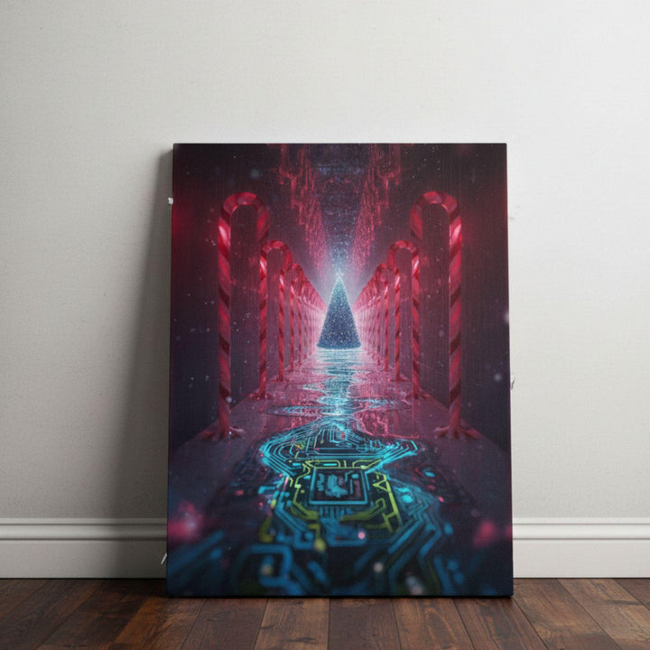 Surreal futuristic Christmas artwork featuring a glowing cybernetic tree at the end of a reflective neon corridor lined with candy canes and circuitry patterns — perfect for modern holiday decor.