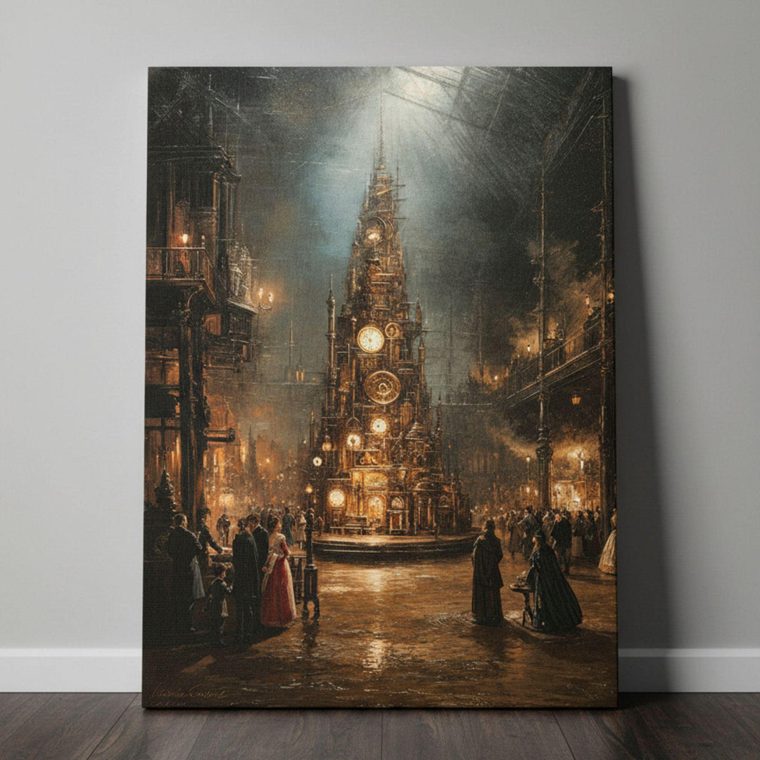 A detailed steampunk-Victorian holiday artwork depicting a towering clockwork Christmas tree illuminated by brass lanterns and mechanical ornaments inside a grand glass-roofed hall filled with festive figures and warm candlelight.
