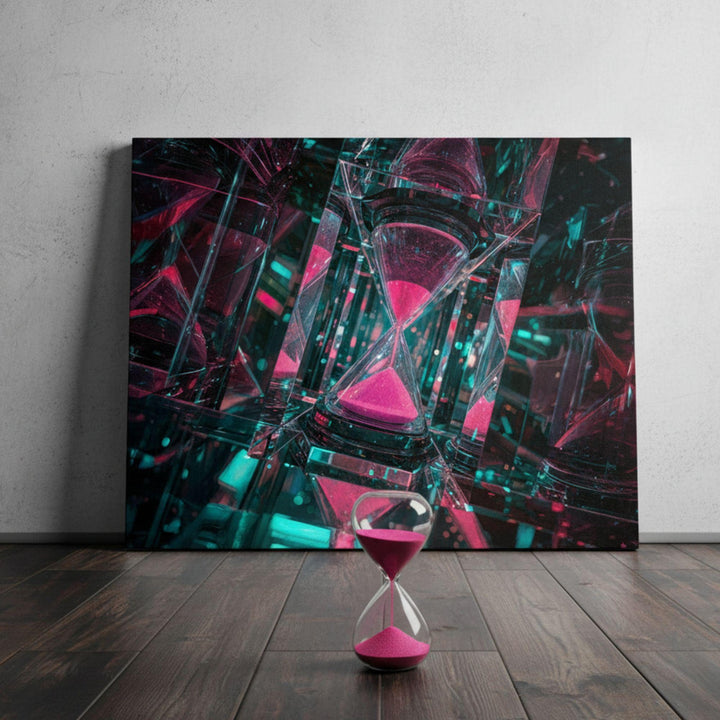 Neon pink and teal hourglass surrounded by infinite mirrored reflections in a cyberpunk surreal scene.