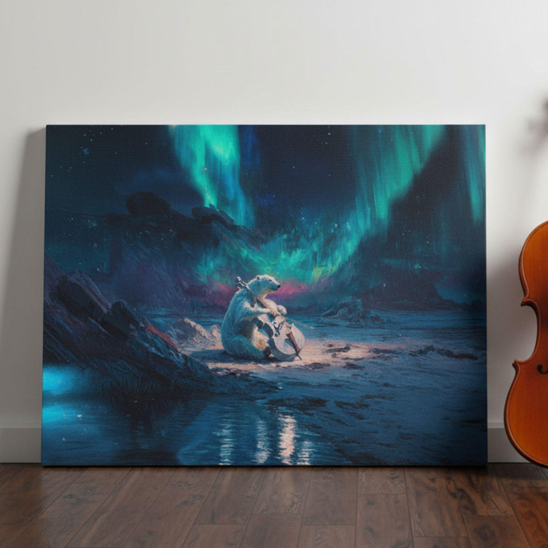 Polar bear playing a cello under glowing green and blue northern lights on an arctic landscape with reflective water.