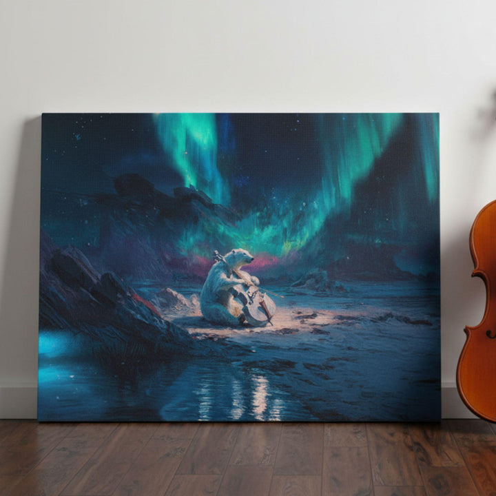 Polar bear playing a cello under glowing green and blue northern lights on an arctic landscape with reflective water.