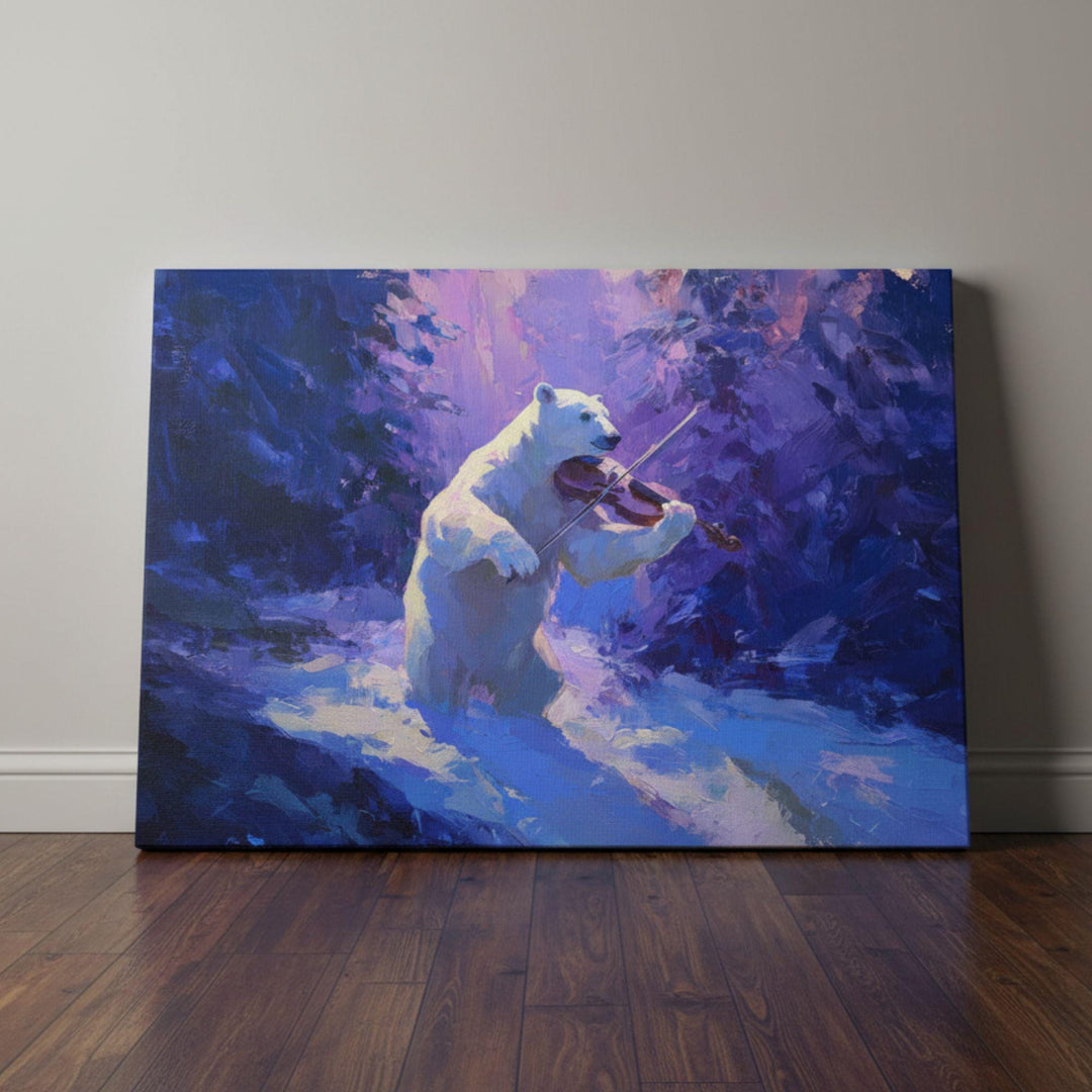Fantasy wall art poster of a polar bear playing the violin in a purple winter forest